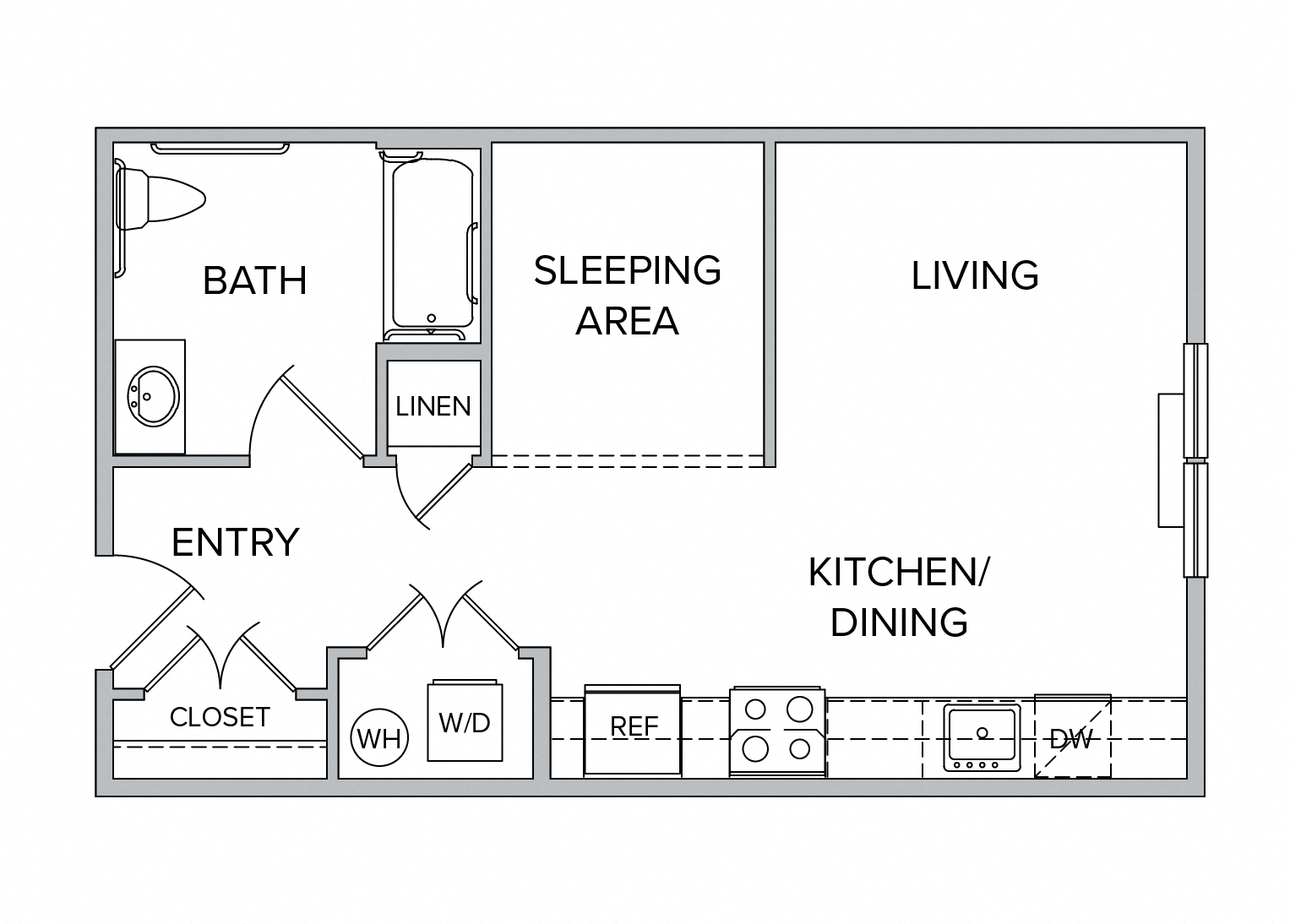 Floor plan for studio, 1 bath, 513 sqft